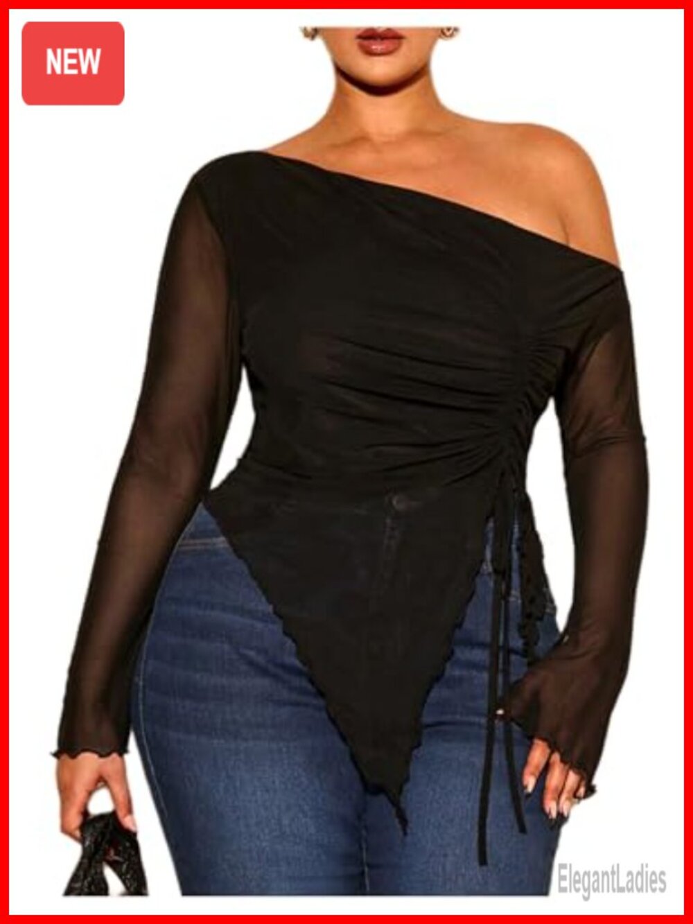 Plus Size Womens Off Shoulder Sheer Mesh Long Sleeve Asymmetrical Neck Top